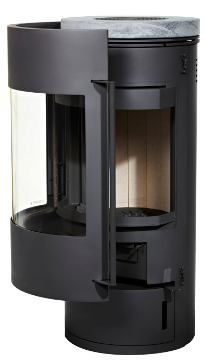 Moderner Kaminofen mit einer eleganten Glasfront und einem runden Design, ideal für effiziente Wärme und stilvolle Inneneinrichtung.