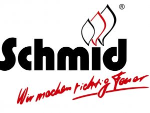 Logo von Schmid mit stilisierten Flammen und rotem Schriftzug.